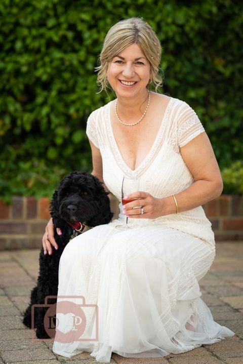 bride and dog at wedding in henley